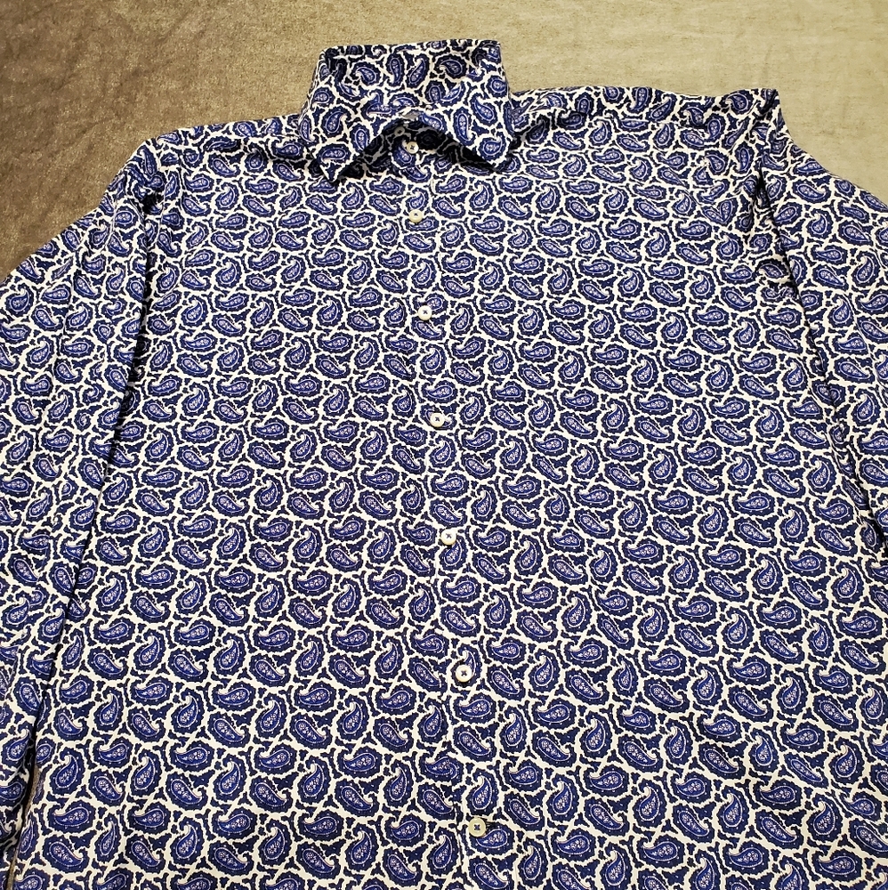 Thomas Dean blue paisley print casual dress shirt